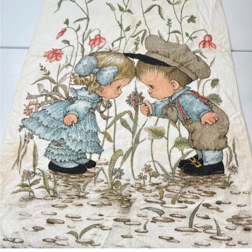 vintage kel tex bath towel 100% cotton blue holly hobbie flowers